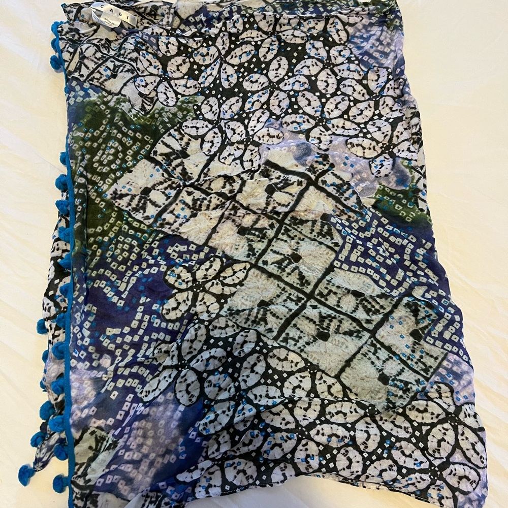 CAbi multicolor scarf w/ Blue Poms 100% Rayon